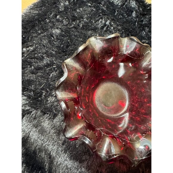Vintage Red Glass Ruffled Edge Compote Candy Dish With Textured Base - Picture 6 of 8